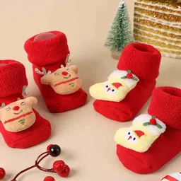 KICKS & CRAWL Infants Pack Of 2 Reindeer Christmas Patterned Ankle Length Socks-57