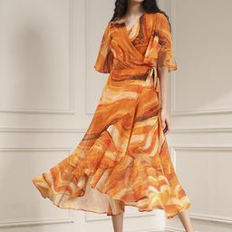 Biba Women Abstract Printed Flared Sleeve Ruffled Wrap Midi Dress-image-22
