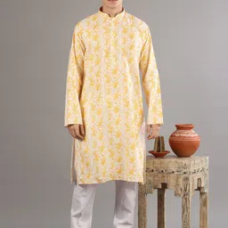 Exotic India Hexagon Pattern Dyed Mandarin Collar Cotton Kurta With Pyjamas-image-3