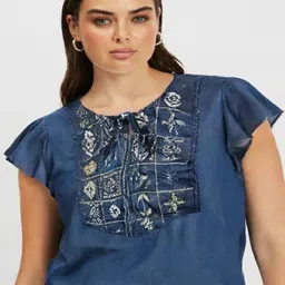 Shiv traders collection Floral Embroidered Tie-Up Neck Flutter Sleeve Cotton Denim Top-image-89