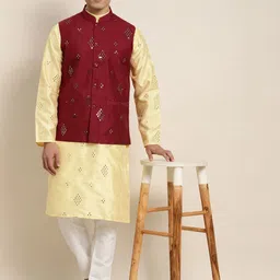 SOJANYA Men Yellow Mirror Work Kurta with Pyjamas & Nehru Jacket image 2