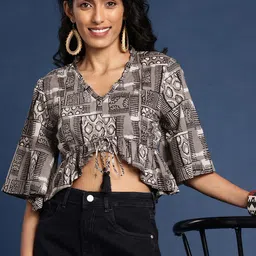Taavi Pure Cotton Geometric Print Bell Sleeve Bagru Crop Top-image-41