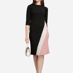 PURVAJA Black Knitted Color-Block A Line Dress-image-12