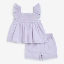 HOP Baby by Westside Lilac Pinstriped Cotton Top with Shorts Set-image-67