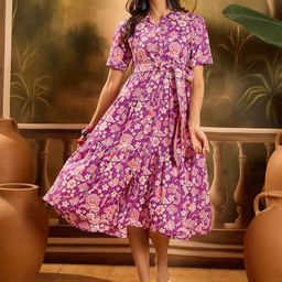 Sangria Floral Printed Tie-Ups Detail Pure Cotton Tiered Fit & Flare Midi Dress-picture-44