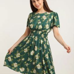 Zink London Green Floral Print Fit & Flare Dress-image-90