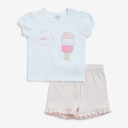 HOP Baby by Westside White Printed Cotton Top with Shorts Set-image-9