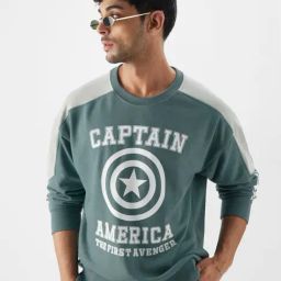 The Souled Store Green Loose Fit Captain America Graphic Print Oversized Sweatshirt-image-68