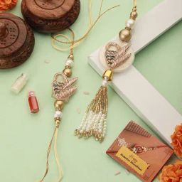 Saraf RS Jewellery Set Of 2 Zardozi & Pearl Beaded Ethnic Designer Lumba Rakhi Set With Roli Chawal-15
