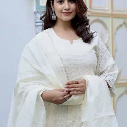 Miravan Cream Cotton A Line Embroidered Kurta With Dupatta image 5