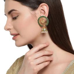 Zaveri Pearls Green & Pearl White Alloy Jhumki Earrings-15