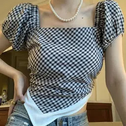 StyleCast Checked Puff Sleeve Crop Top-image-49