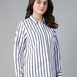 Hancock White & Navy Blue Cotton Striped Shirt-image-43