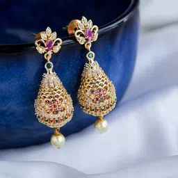 Opal Touch Gold-Plated Artificial Stones Studded & Beaded Teardrop Shaped Drop Earrings-0