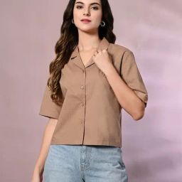 PRETTY LOVING THING Brown Pure Cotton Solid Short Sleeve Shirt-image-12