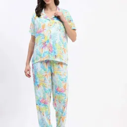 MADAME M Secret Blue Printed Shirt Pyjamas Set-image-29