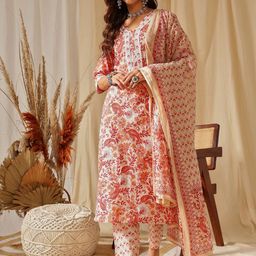 Ginni Arora Label Women Floral Printed Regular Pure Cotton Kurta with Trousers & With Dupatta-34