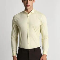 Peter England Yellow Cotton Slim Fit Printed Shirt-image-86