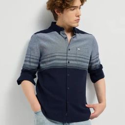 THE BEAR HOUSE Navy Blue Cotton Slim fit Striped Shirts-image-0