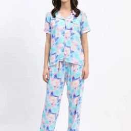 MADAME M Secret Blue Printed Shirt Pyjamas Set-image-25