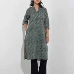 Utsa by Westside Blue Leaf Printed Cotton Straight Kurta-image-57