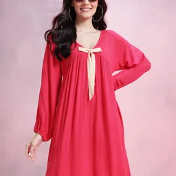 DressBerry Plisse Effect Bow-Detail V-Neck Extended Sleeves A-Line Dress-image-52