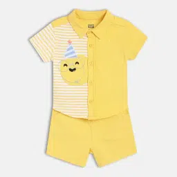 MINIKLUB Boys White & Yellow Striped Shirt with Shorts-picture-2