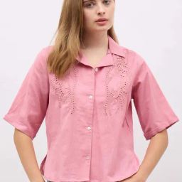 Styli Pink Cotton Regular Fit Embroidered Shirt-image-58