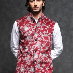 Rare Rabbit Red Tailored Fit Floral Bandhgala-image-11