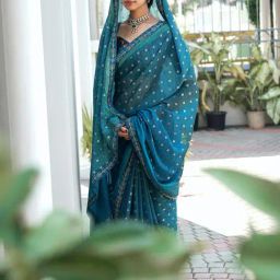 Saree Mall Teal blue Georgette Self Saree with Blouse Piece-picture-13
