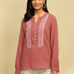 Biba Pink Cotton Embroidered A Line Short Kurti-10