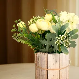 Cortina Yellow And Green Peony Artificial Flower With Wooden Pot-53