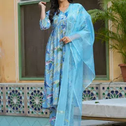 Sangria Blue Floral Printed Poly Silk V Neck Empire Kurta With Trousers And Dupatta-image-19