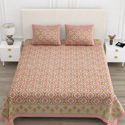 Jinaya's Pink & Green Ethnic Motifs 210 TC Pure Cotton King Bedsheet Set 2.28 m x 2.74 m-image-85