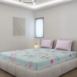 Monte Carlo Green & Pink Floral Printed 144 TC King Bedsheet Set 2.70 m x 2.70 m-54