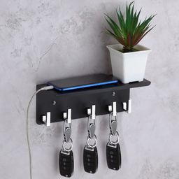 Plantex Stainless Steel Home Key Holder for Wall with Mobile Phone Stand/Key Stand/Multipurpose Key Holder/Shelf with 5 Key Hooks - Wall Mount (Black) image 3