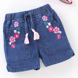 Babyhug Mid Thigh Denim Shorts Floral Embroidery - Blue-picture-11