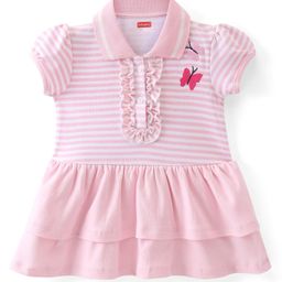 Babyhug Half Sleeves Cotton Knit Striped Layered Frock Butterfly Embroidery - Pink-image-31