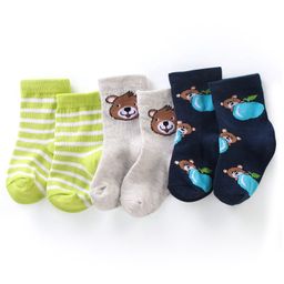 Cute Walk By Babyhug Anti-Bacterial Ankle Length Socks Striped & Teddy Bear Design Pack Of 3- White Green & Blue-image-31