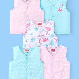 Babyhug 100% Cotton Front Open Sleeveless Jhablas Elephant & Polka Dots Print Pack of 5 - Multicolour-image-16