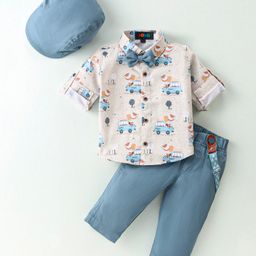 Robo Fry Cotton Knit Full Sleeves Vehicle Print Shirt & Trouser Set with Hat Suspender & Bow - Beige-image-33