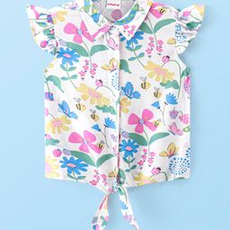 Babyhug Rayon Woven Frill Sleeves Top With Bow and Knot Detailing Floral Print - White-image-84