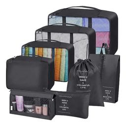 House of Quirk 8pcs Set Travel Organizer Packing Cubes Light weight Travel or Toiletry Bag Black-image-1