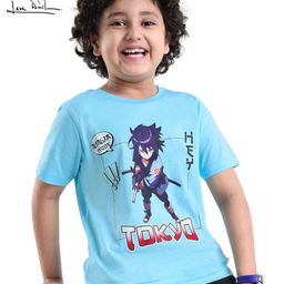 Arias  Cotton Knit Half Sleeves  T-Shirt With Anime Character Placement Print - Blue-16