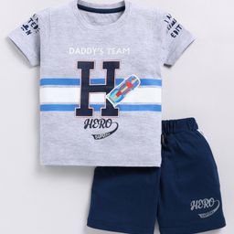 CUTOPIES Cotton Half Sleeves Hero Text Printed Tee & Shorts Set - Deep Melange-image-89