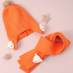 Babyhug Woollen Cap & Muffler Set with Bear Applique -Orange-image-24