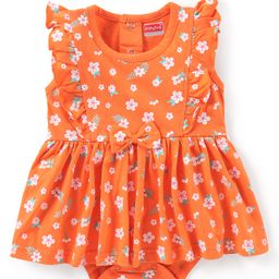 Babyhug 100% Cotton Knit Frill Sleeves Frock Style Onesie with Bow Detailing & Floral Applique - Orange-image-1