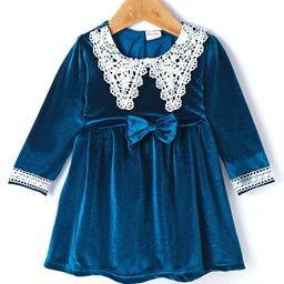 Kookie Kids Woven Full Sleeves Frock With Lace & Bow Detailing - Navy Blue-image-89