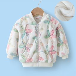 Kookie Kids Full Sleeves Front Open Fur Bomber Jacket with Floral & Sequin Embroidery - Cream-image-86