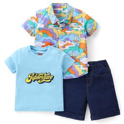 Babyhug Cotton Woven Half Sleeves Boat & Text Printed Shirt T-Shirt & Shorts Set - Navy &Blue-image-79
